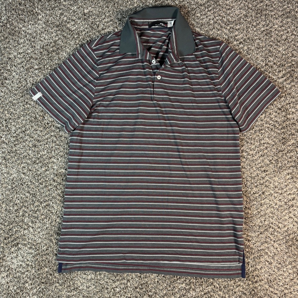 RLX Ralph Lauren Mens Large Striped Golf Polo Shirt Grey Maroon Tennis Tail L